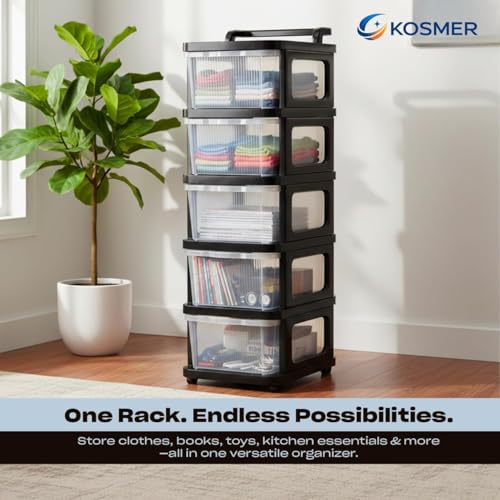 Image of 𝗞𝗢𝗦𝗠𝗘𝗥 𝟱 𝐏𝐀𝐂𝐊 Plastic Rack for Storage Cabinet with Wheels | Multipurpose Storage Almirah Wardrobe for Clothes, Toys, Kitchen Cupboard & Bedroom | Plastic Organizer with Transparent Doors