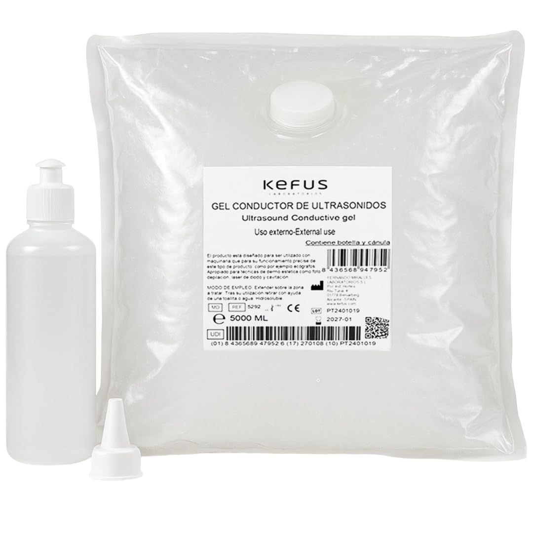 KEFUS Gel Conduttore Ultrasuoni Sacca 5000 ml + Flacone Ricaricabile 250 ml | Gel sanitario per ecografia, cavitazione, elettrostimolazione, IPL e laser | Alta conduttività | Uso professionale