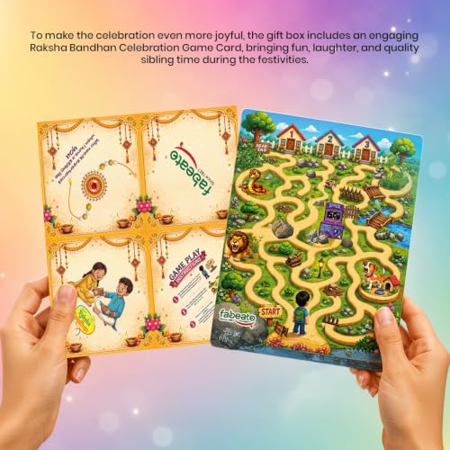 Image of Fabeato Raksha Bandhan Gift Box | Rakhi Hamper with Healthy Snacks |2 Rakhis| Roli Chawal |Goal Card | Activity Game