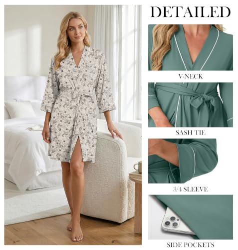 Image of PrinStory Womens Robe Knee Length Soft Knit Bathrobe S-2XL | V-Neck 3 /4 Sleeve Robes with Pockets, Lightweight, Breathable Bath Robe for Shower, Spa, Travel, Home, Party, Nursing