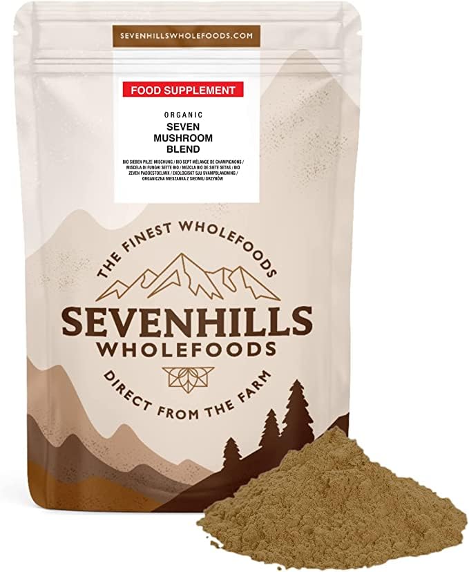 Sevenhills WholefoodsOrganic 7 Mushroom Blend Powder 100g with Lion's Mane, Reishi, Chaga, Cordyceps, Tremella, Maitake & ShiitakeEU OrganicSoil AssociationSoil AssociationSoil Association
