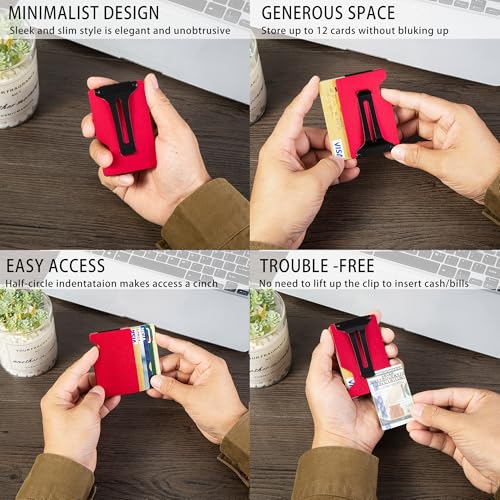 Image of Minimalist Carbon Fiber Wallet for Men, Money Clip Cash Strap Wallet, RFID Blocking Metal Wallet Aluminum Card Holder,Front Pocket Wallet(Matte Red)