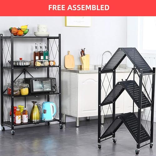 Image of Kitchen Garage Metal Shelves, Storage Shelves Organizer, Foldable Metal Shelving, Closet Shelving Unit, 28 inch W x 14 inch D x 50 inch H Bakers Rack Microwave Stand, Plant Stand with Wheels (4-Tier Shelf)