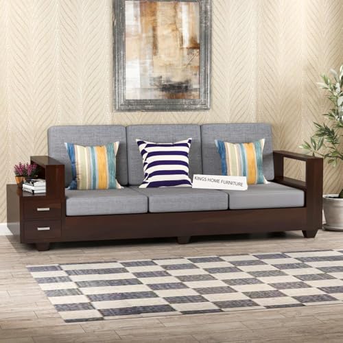 Image of Sheesham Wood 3 Seater Sofa | 3 Seater Sofa with 2 Drawer Storage | Wooden Sofa Set Furniture for Living Room Home Office (3 Seater,Walnut Finish)