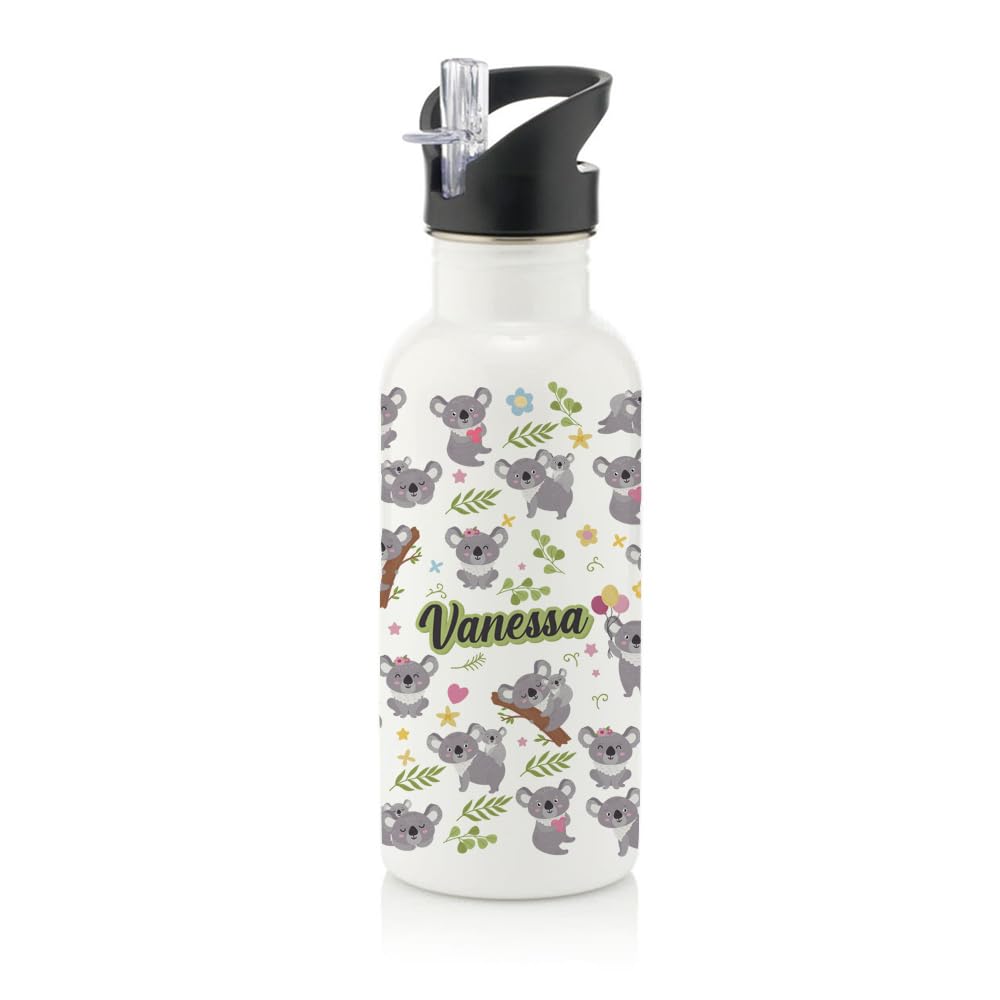 Personalised Koala Animal Pattern, Back to School Gift, Gift For Kids, Stainless Steel 600ml Water Bottle with Straw. (White)