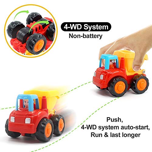 Image of Unbreakable 4 Pcs Building Construction Truck Toy Set for Kids Boys Girls Friction Powered Cement Mixture Dumper Tractor Excavator Toy Pull Back Vehicle (Multicolor)