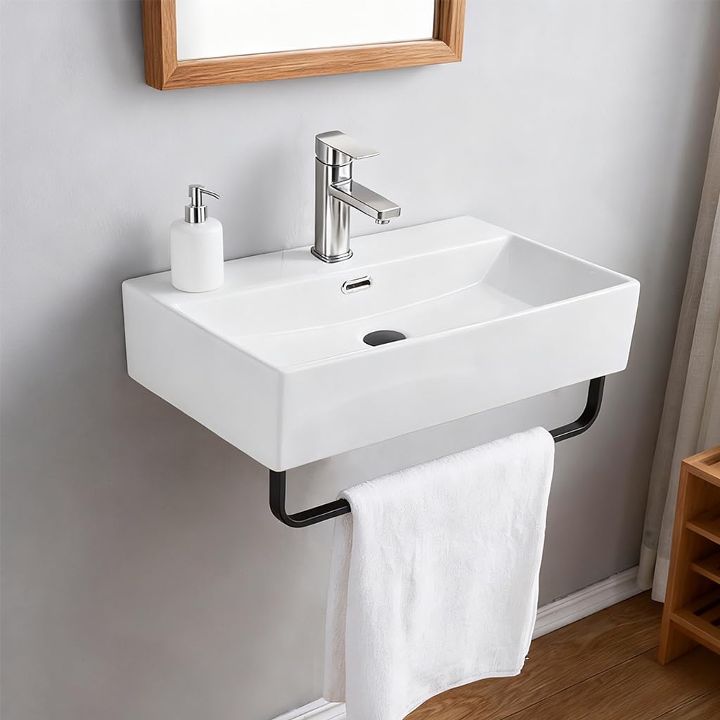 Lavabo in ceramica, moderno con foro per rubinetto, lavabo sospeso, bianco, per bagno, ospiti, WC e giardino, facile da pulire (51 x 36 cm)