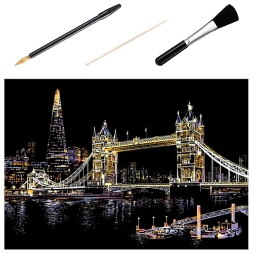 LOPUNER Kit de Manualidades para 4 Piezas Papel para Rascar Dibujo Ciudad Nocturna Puente Torre 3 Herramientas (bambú, Bolígrafo Dorado, Pincel Negro) para Manualidades DIY