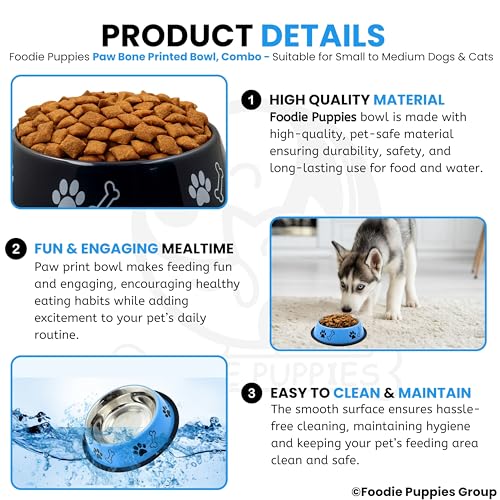 Image of Foodie Puppies Stainless Steel Dog Bowl Combo - (Medium,700ml) Food and Water Feeding Bowl | Suitable for Small to Medium Dogs I Paw Bone Print, Anti-Skid Rubber Base I Gift for Dogs (Skyblue + Black)