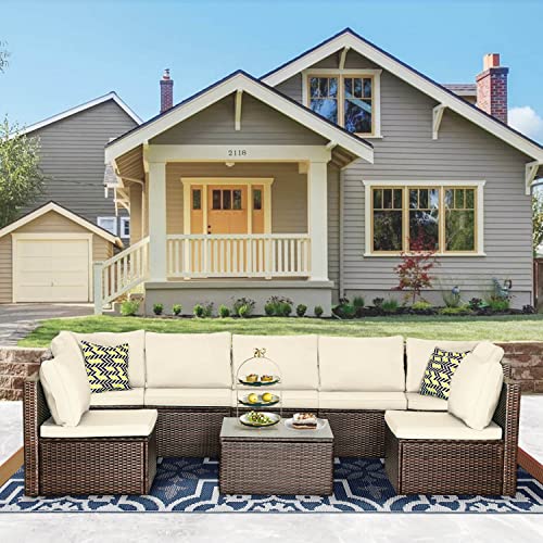 Image of PayLessHere 8 Piece Patio Furniture Set Outdoor Furniture Sectional Sofa Set Rattan Wicker Conversation Set Coffee Table Khaki Cushion for Backyard Porch Balcony Poolside Garden