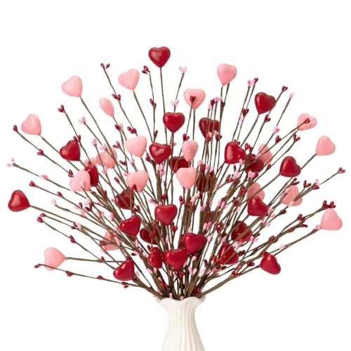 Sousi Branches de Baies artificielles décoratives en Forme de cœur Rouge pour la Saint Valentin, pour Mariage et Maison, 19 cm de Hauteur, Fleurs en Soie pour intérieur