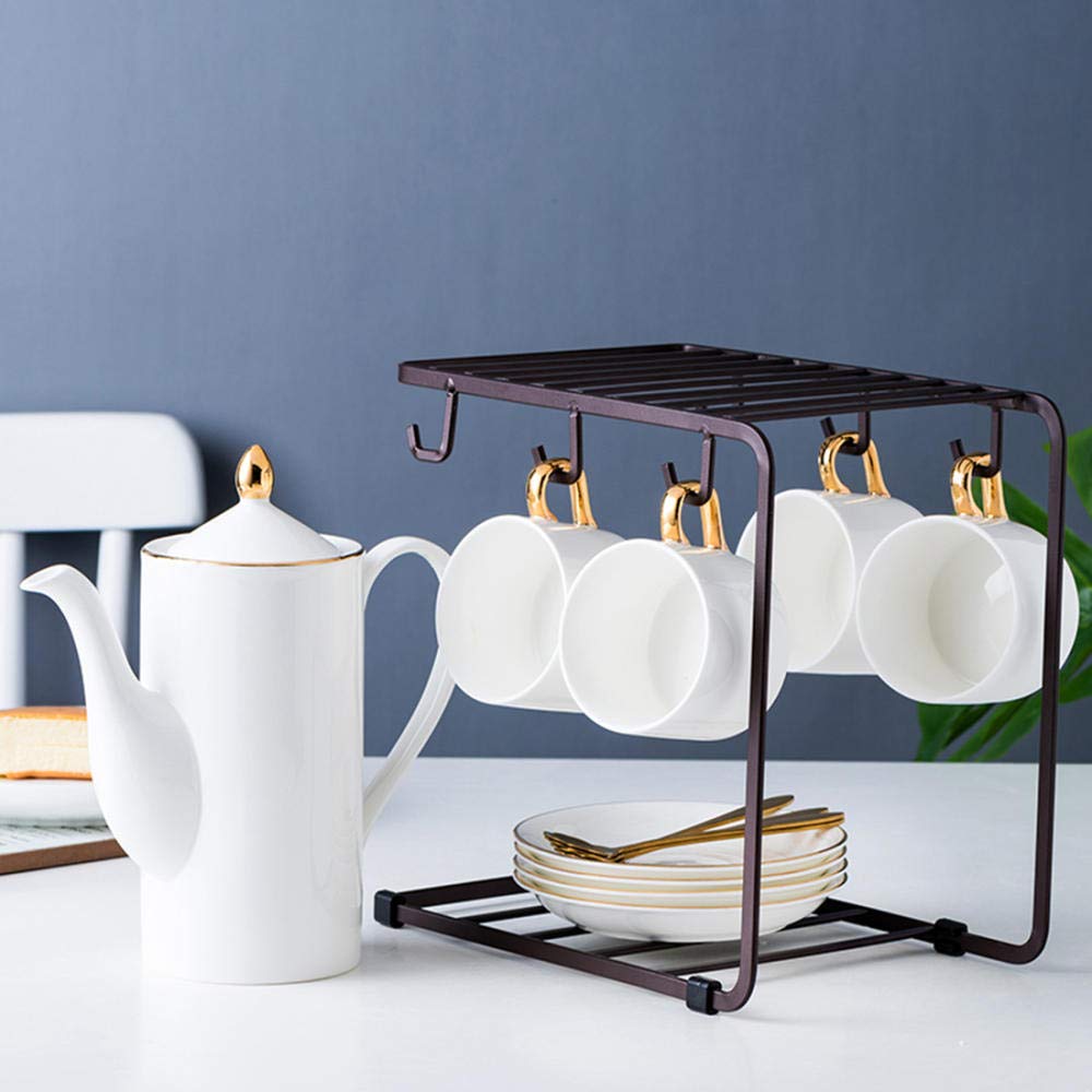 coffee cups set Set of 4 Concentrated Coffee Cup Set Ceramic Cup Household Tea Set White With Dishe Coffee Pot Bracket Coffee Cup Dish 150ml@Gold handle 4 cup + U frame + pot