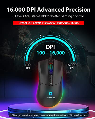 Image of Gigastone Gaming Mouse, Wired, Optical, 10 Buttons, 16000 DPI, RGB Backlight, 4MB Onboard Memory, Ambidextrous, Black