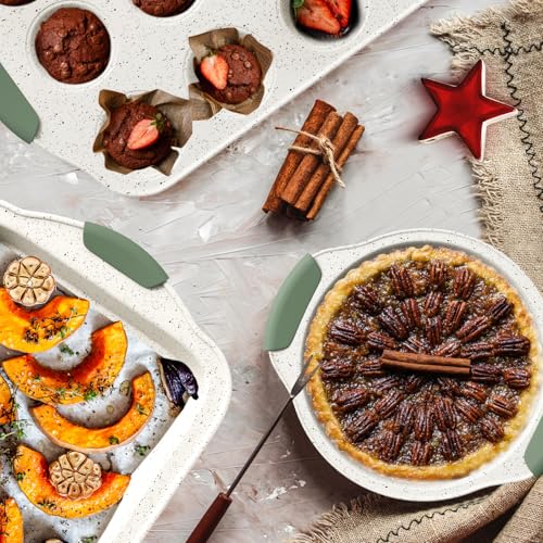 Slow Slog 11-Piece Non-Toxic Baking Set, Stackable Nonstick Cookware with Heat-Resistant Handles - Includes Cookie Tray, Round Cake Pan, Muffin Cups, Pizza Pan & Loaf Baker, White&Light Green - Thumbnail 2