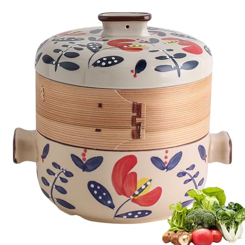 Cazuela de cerámica, olla de barro, con cesta vaporera, de barro antiadherente for lavavajillas, estofado de sopas y guisos(1.5l)