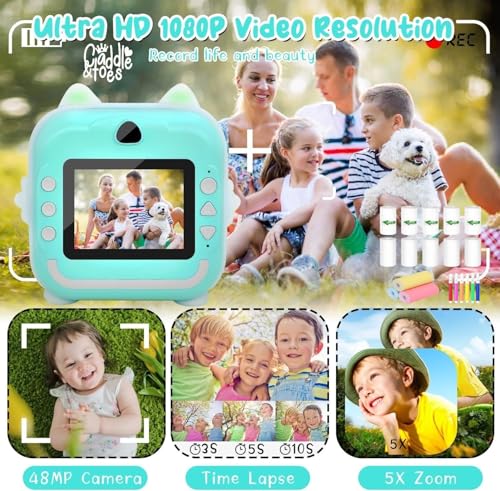 Image of CADDLE & TOES Instant Print Camera for Kids - 1080P HD, 48MP, SD Card, Bluetooth, Free App, 3 Rolls Print Paper, Stickers, Fun Filters, Gift for Kids (Blue with Printer ROLL Set)