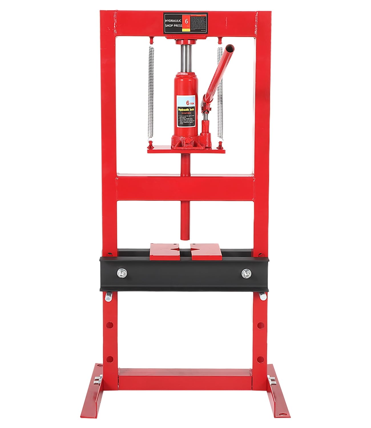 Pressa Idraulica da Officina 6T per Manutenzione Sistemi Frenanti Auto - Struttura H Pesante Regolabile - Piastre di Stampaggio Incluse - Ideale per Garage - Trave Nera, Struttura Rossa