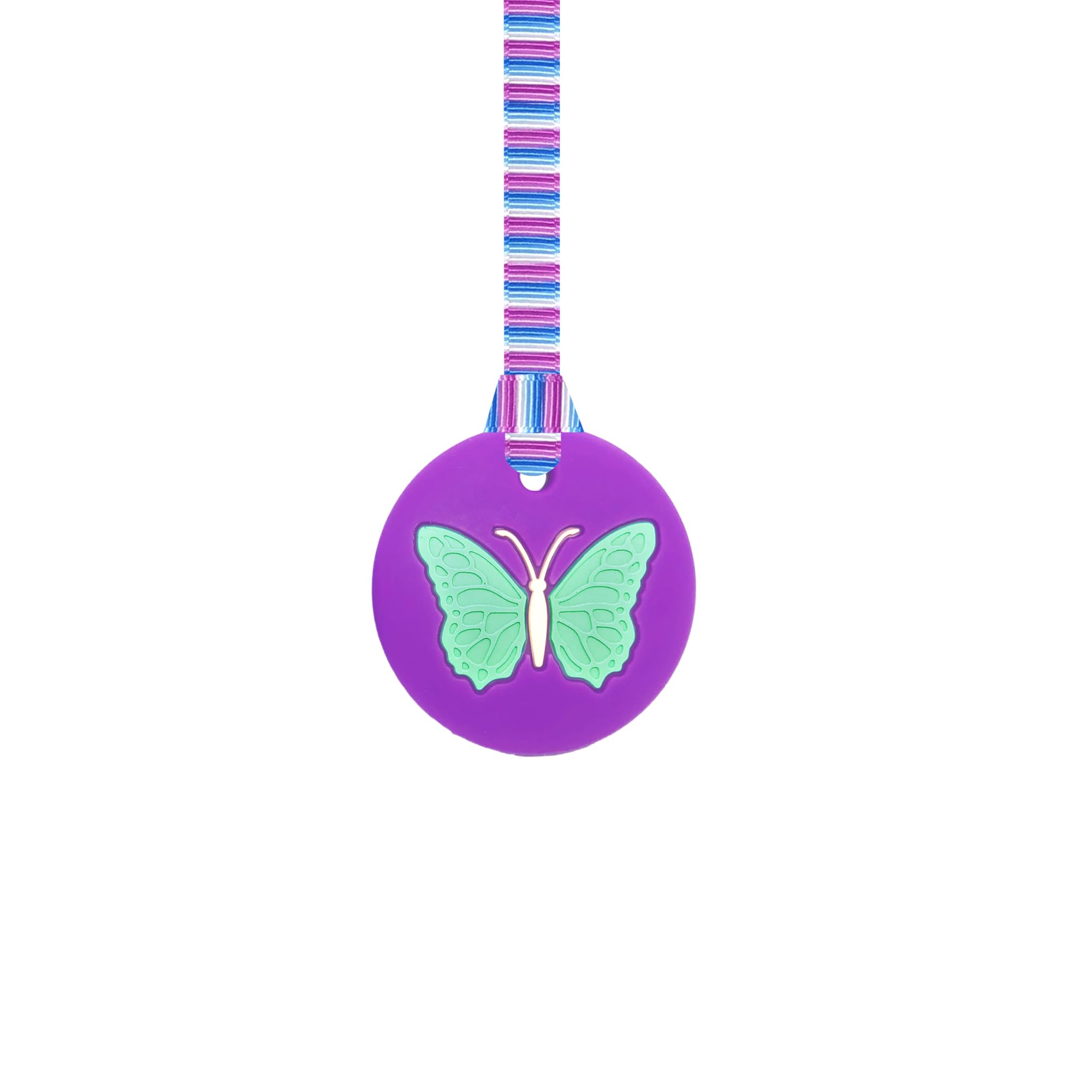 Oojamabobs Butterfly Chew Necklace with Lanyard - Purple - Sensory Chew for Kids with Autism, Anxiety & ADHD – 100% Food Grade Silicone - Sensory (8 designs available) (Lilac stripes, 54cm lanyard)
