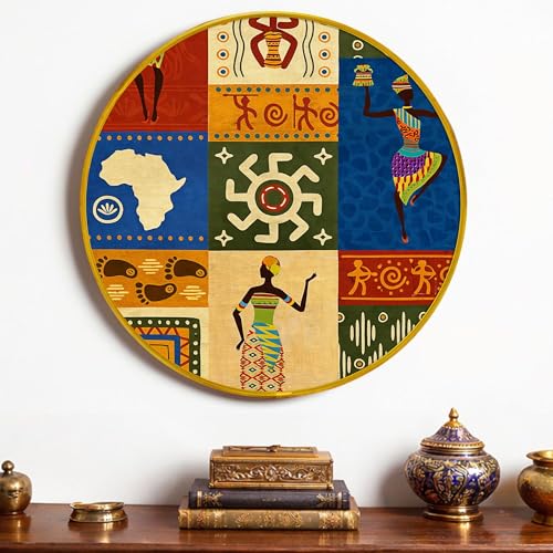 Image of African Tribal Round Framed Wall Art Painting For Living Room | Ethnic Cultural Abstract African Theme Wall Art Painting With Frame for Home, Bedroom & Office, 16 Inch