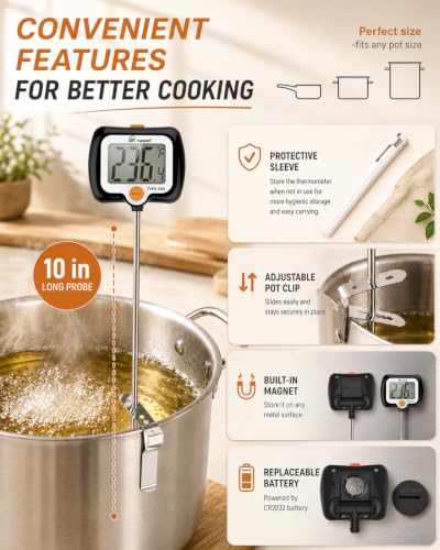 Image of Digital Candy Thermometer with 180 Rotating LED Screen, 304 Stainless Steel Probe, Heat Shield, 2 Pot Clips, Accurate Sugar & Deep Fry Thermometer - Black