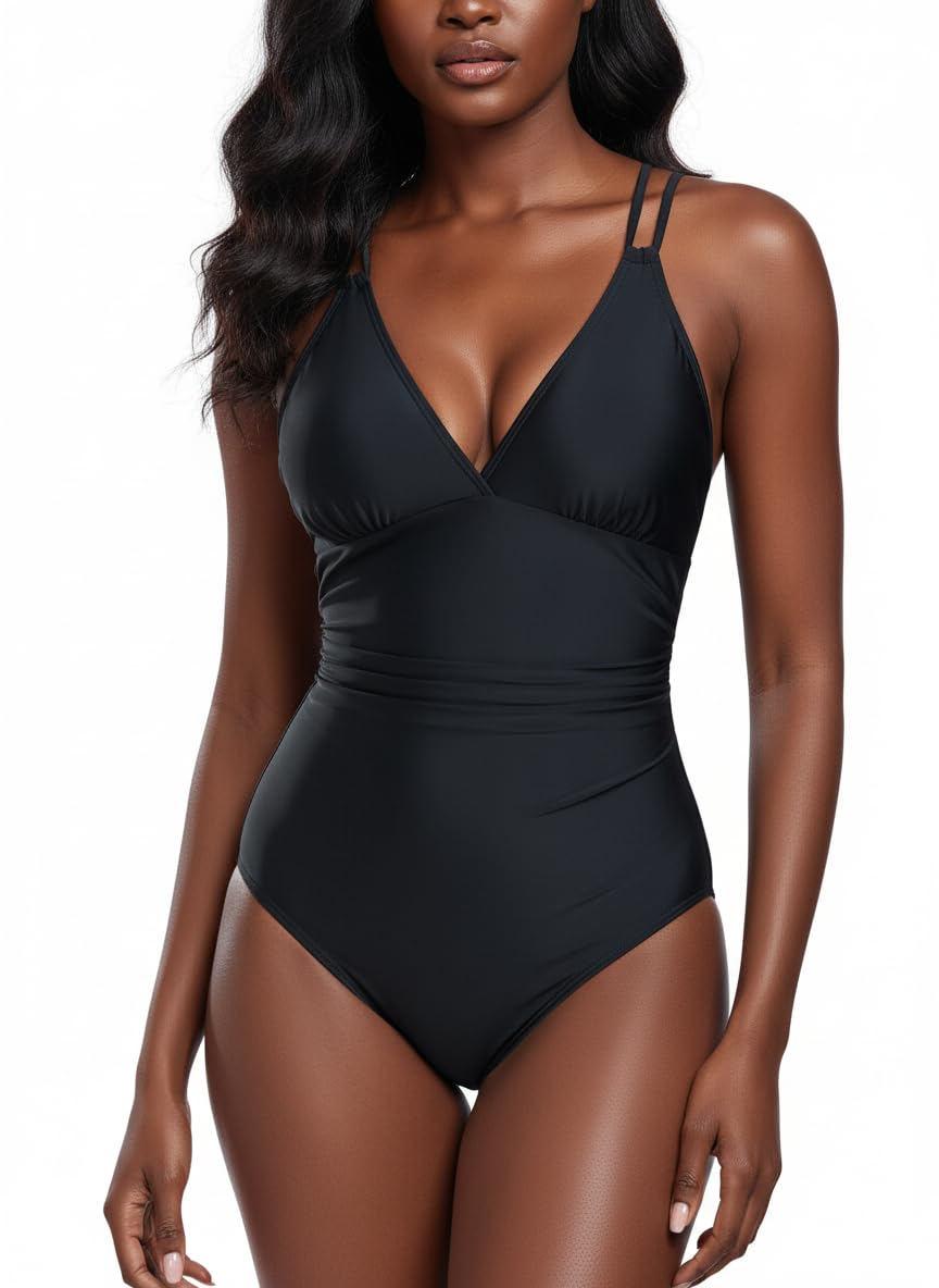 Ocean Blues Womens V-Neck One Piece Swimsuit Tummy Control One Piece Bathing Suit