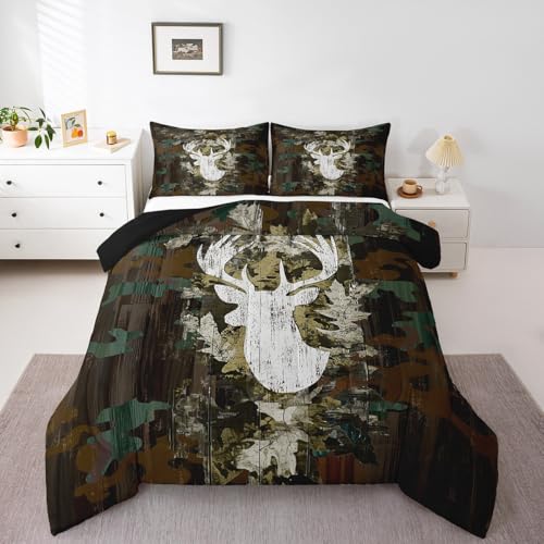 Image of Feelyou Kids Camo Deer Bedding Set King Size, Deer Hunting Comforter Set Green Camo Comforter for Boys Girls Antlers Duvet Insert Microfiber Bed Set