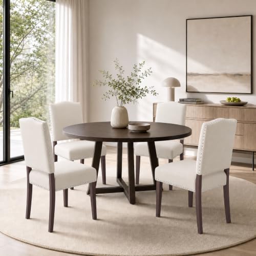 Image of Upholstered Dining Chairs Set of 4 with Thickened Seat Cushion, Wooden Mid-Century Modern Fabric Farmhouse Kitchen Chairs for Dining Room Living /Restaurant /Reading Room(Beige)