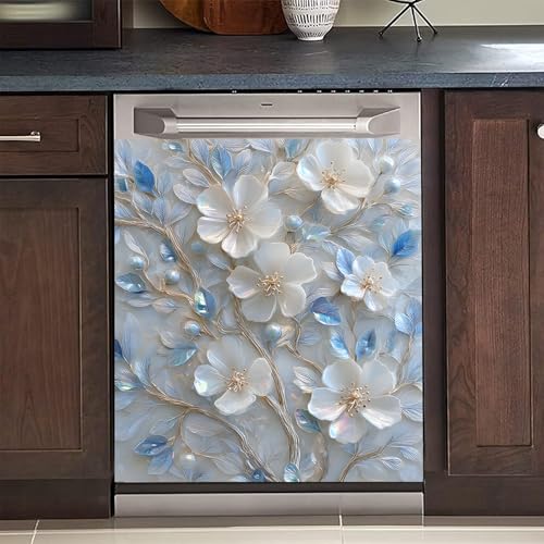 Image of BVBOX Dishwasher Magnet Cover 23 inchx26 inch, Reusable Magnetic Refrigerator Covers, Decorative Magnets Cover Fridge Door Skin Panel Stickers for Home Kitchen Appliance (Small White Flowers, 23 inchx26 inch)