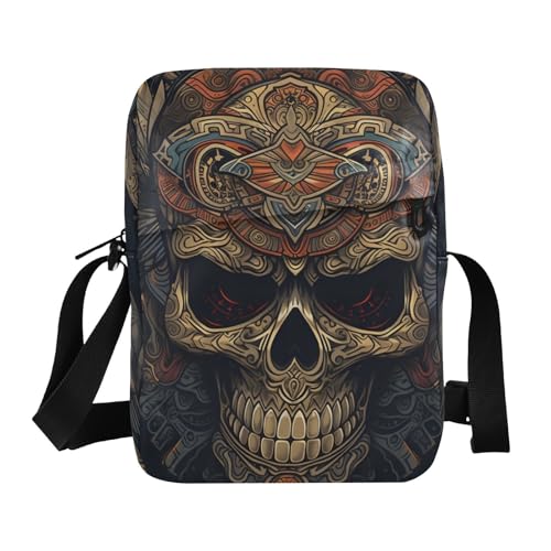 Crossbody Sling Bag for Women Men, Zipper Closure Messenger Bags Aztec Skull Print with Card Phone Passport Compartment 6.6×9.4×2.5 IN
