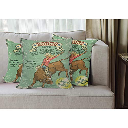 Ekobla Rodeo Cowgirl Throw Pillow Cover Cool Riding A Bull 29Th Annual Championship Farm Ranch Cozy Square Cushion Case For Men Women Boys Girls Room Home Decor Cotton Linen 18X18 Inch #TOP1