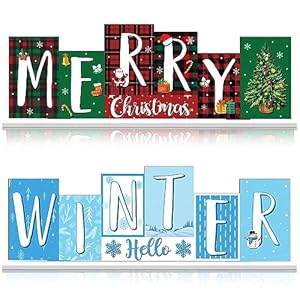 Reversible Christmas Wooden Table Sign - Double Side Xmas Tabletop Decor - Merry Christmas Tiered Tray Decor - Hello Winter Wood Block Farmhouse Table Centerpiece for Home Mantle Shelf Party Reversible Christmas Wooden Table Sign Double Side Xmas Tabletop Decor Merry Christmas Tiered Tray Decor Hello Winter Wood Block Farmhouse Table Centerpiece for Home Mantle Shelf Party