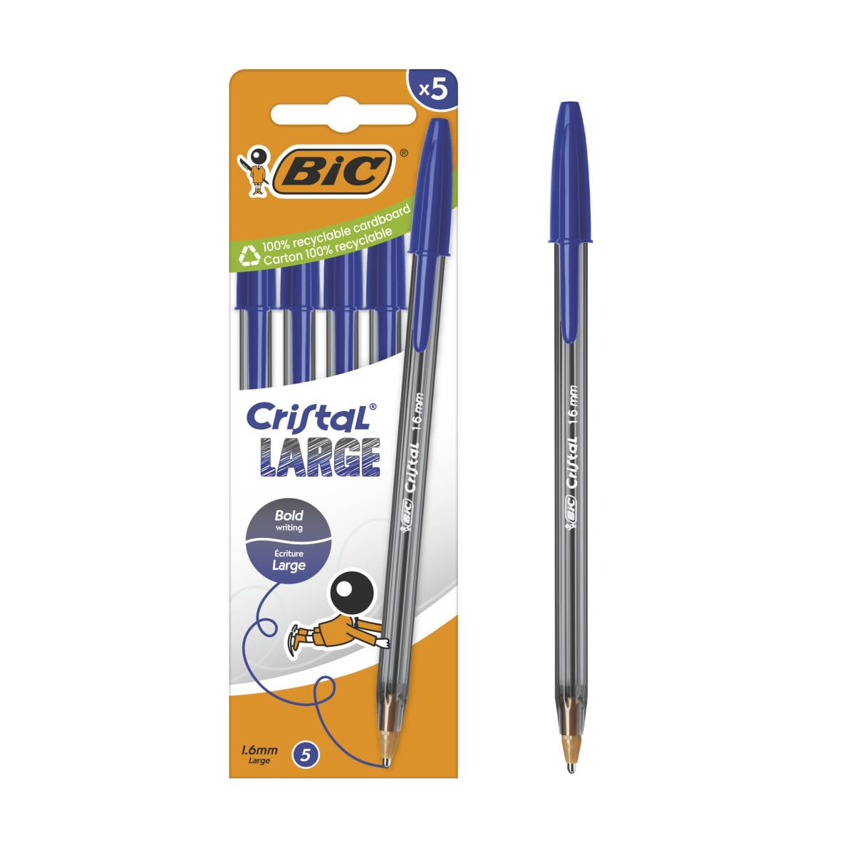 BIC Cristal Large Ballpoint Pens, Broad Point (1.6 mm) for Easy Readability - Blue Ink, Pack of 5