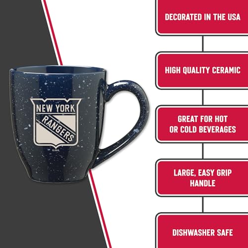 Image of Rico Industries NHL Hockey New York Rangers Royal Personalized 16 oz Team Color Laser Engraved Speckled Ceramic Coffee Mug