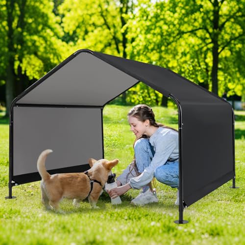 COSTWAY Hundehütte Outdoor, Hundezelt für große, mittlere & kleine Hunde, Haustierzelt wasserabweisend, mit Regenvordach & Bodenpfählen, Metallrahmen, 129 x 124 x 108 cm, Schwarz