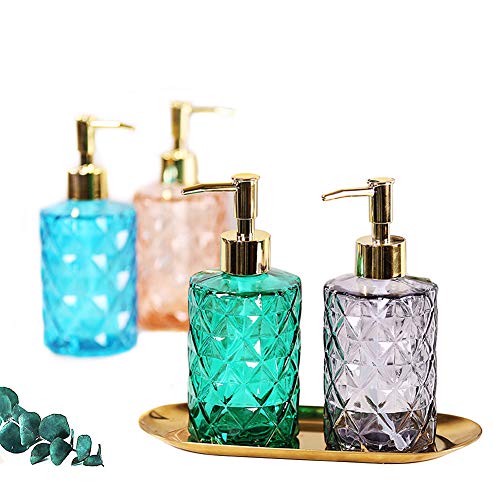 Asdbsa 12 Oz Glass Soap Dispenser, Kitchen Soap Dispenser with Golden Water Pump, Diamond Designï¼ŒBathroom Soap Dispenser for Hand Soap, Soap, Lotion (Clear)