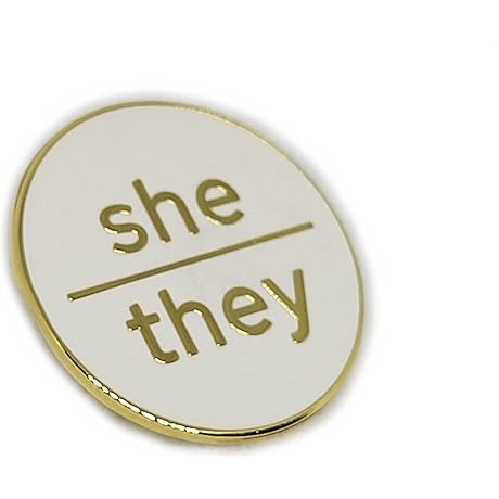 White 'She/They' Pronoun Pin - Hard Enamel Gold Finish