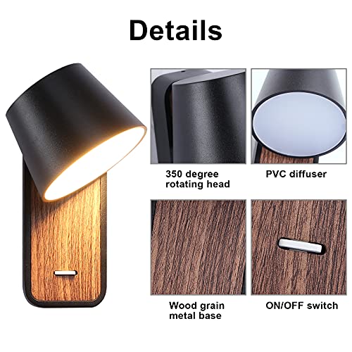 BarcelonaLED Applique murale LED de lecture noire avec interrupteur sur base en bois Spot orientable 6 W 2700 K pour lit tête de salon - Image 5