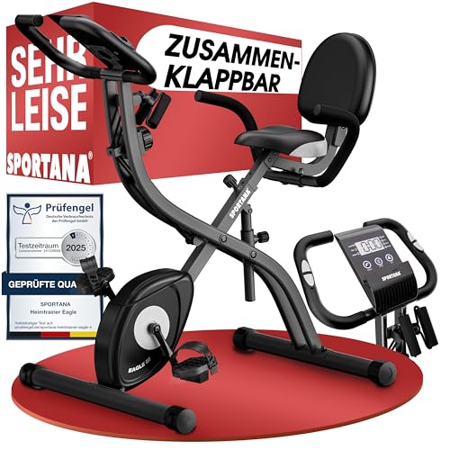 SPORTANA® Bicicleta Estática Plegable Sensor Pulso Respaldo 2 Bandas Fitness 10 Niveles Resistencia