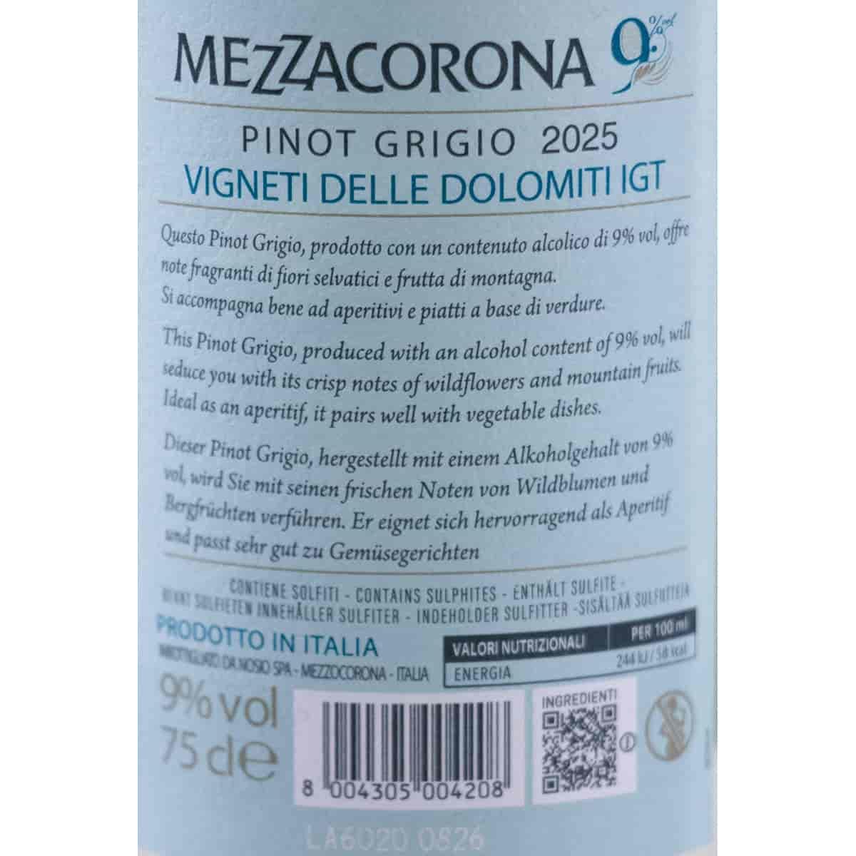 “Nove” Pinot Grigio Vigneti delle Dolomiti IGT 2025 – Mezzacorona – 6×0,75 l – Alkoholreduzierter Weißwein aus Italien – Frisch, leicht & aromatisch