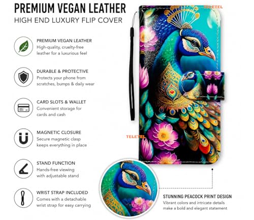 Image of TELETEL Peacock Design Leather Flip Back Phone Case Wallet Cover with Card Slot Holder Kickstand - Multicolor for Vivo V50 5G