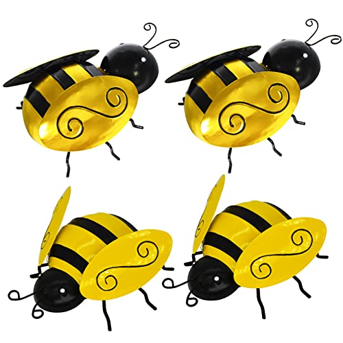 Maclaronx Metal Bumble Bee Yard Art Wall Decor, 4 Pcs 3D Iron Rustic Fence Outdoor Garden Accents Sculpture Hanging Decorations Lawn Home Indoor Ornaments (2 Yellow + 2 Golden) #TOP1