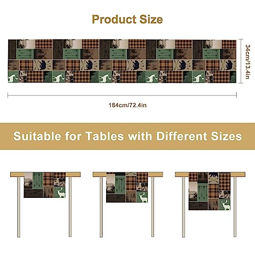 Image of Rustic Country Cabin Hunting Moose Table Runner,Retro Green Patchwork Bear Deer Hunting Wild Animal Plaid Checkered for Kitchen Dining Room 13x72 in