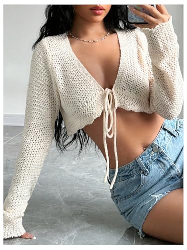 OYOANGLE Women's Tie Front Crop Crochet Cardigans Long Sleeve V Neck Knit Shrugs4