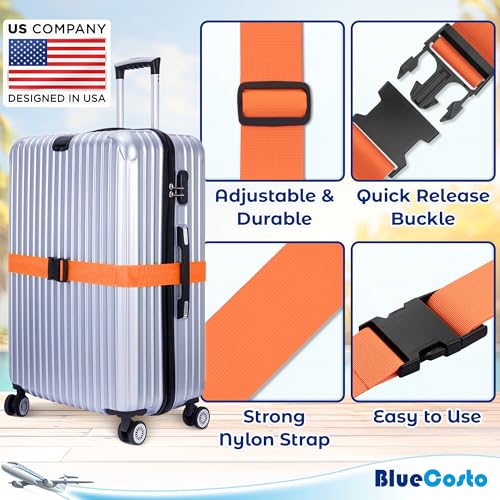 Image of Luggage Straps for Suitcases - TSA Approved - Orange, 4 PK - Premium Nylon Belts for Suitcase, Briefcase & Travel Bag - Adjustable Strap Length 46 inch - 78 inch