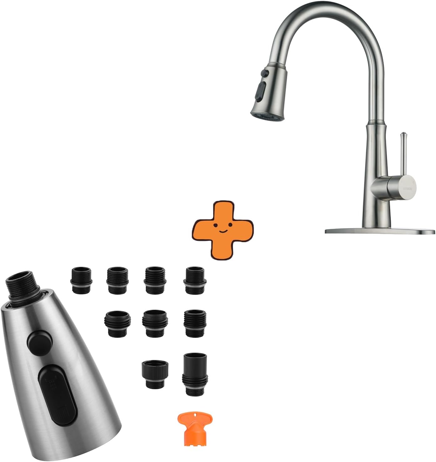WOWOW Kitchen Faucet Head Replacement Brushed Nickel, 3 Function Pull Out Spray and Kitchen Faucets with Pull Down Sprayer, Stainless Steel Kitchen Sink Faucet