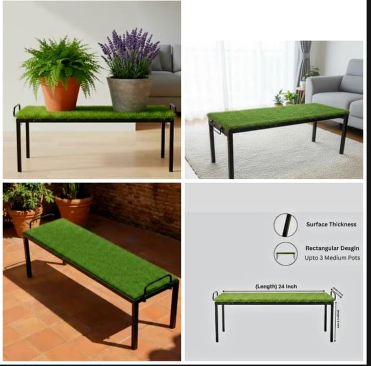 Image of Metal Bench with Artificial Grass Top, Heavy Duty Steel Seating Bench for Garden, Balcony, Terrace, Outdoor, Indoor, Lawn, Patio, Waiting Area, Home & Commercial Use, Green