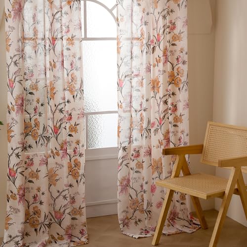 Image of Story@Home Sheer Curtains 8 Feet Long Set of 2 | Floral Printed | Semi Transparent Net Curtain | Semi Long Door Curtain for Living Room | (118 X 242 Cm, Cream & Pink) | Perfect for Home Decor