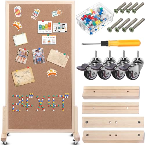 Saypacck Double Sided Large Cork Board for Office with Wheel 24 x 47'' Reversible Mobile Cork Bulletin Board with Push Pin Decorative Display Board Portable Freestanding Corkboard for Home Photo Wall