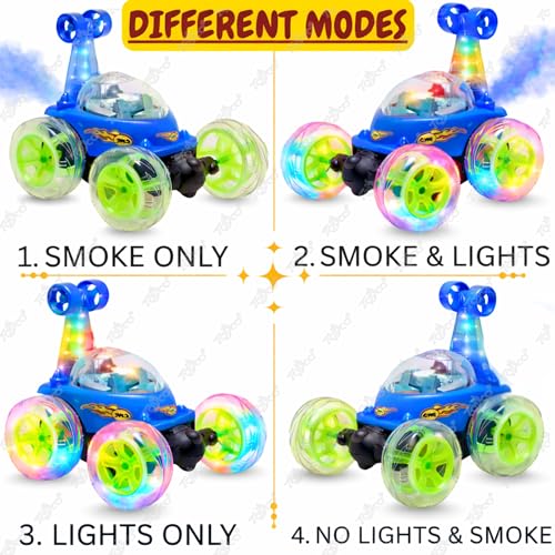 Image of toyco Rechargeable 360 RC Stunt Car for Kids | 5 Modes with Smoke & LED Lights | Dual-Side Rotating Remote Control Car | 2.4GHz Long Range (75+ Ft) | Off-Road Stunt Toy for Boys Girls 3-10 (Blue)