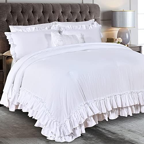 Masaca White Ruffled Comforter Set Queen,Lightweight Farmhouse Shabby Boho Chic White Bedding,Ultra Soft Fluffy Washed Microfiber Bed Comforter Set 3-Piece (1 White Comforter+2 Ruffle Pillow Shams)